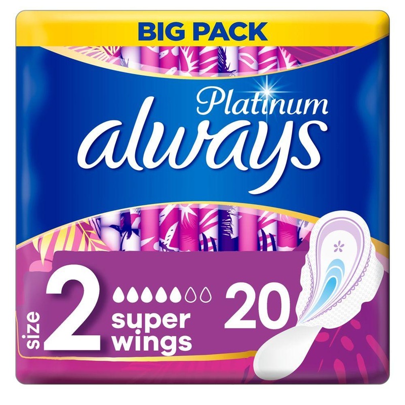 Platinum Long (Size 2) Sanitary Towels Wings 20 Pads
