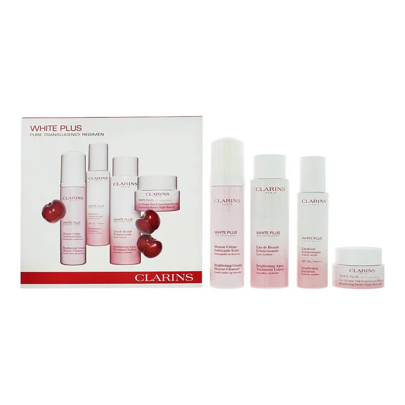 Clarins White Plus 4 Piece Gift Set: Mousse Cleanser 150ml -Brightening Emulsion Spf 20 75ml – Revive Night Mask-Gel 50ml – Brightening Lotion 200ml