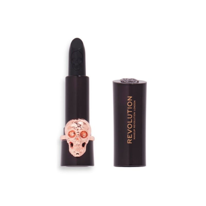 Revolution Midnight Kiss Lipstick Black W Skull Ring