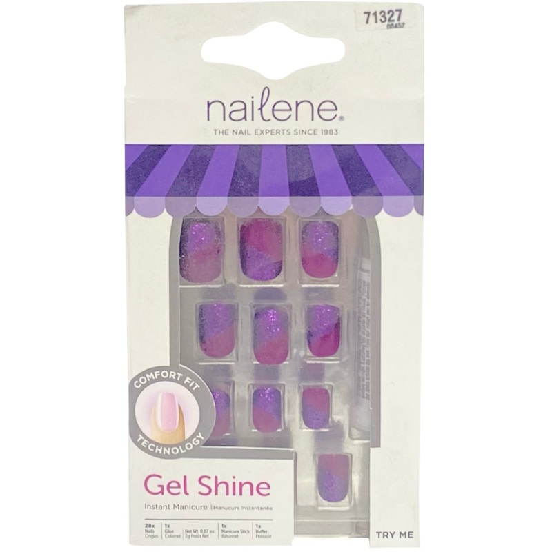Nailene Gel Shine False Nails Purple Diagonal Sparkle W Glue