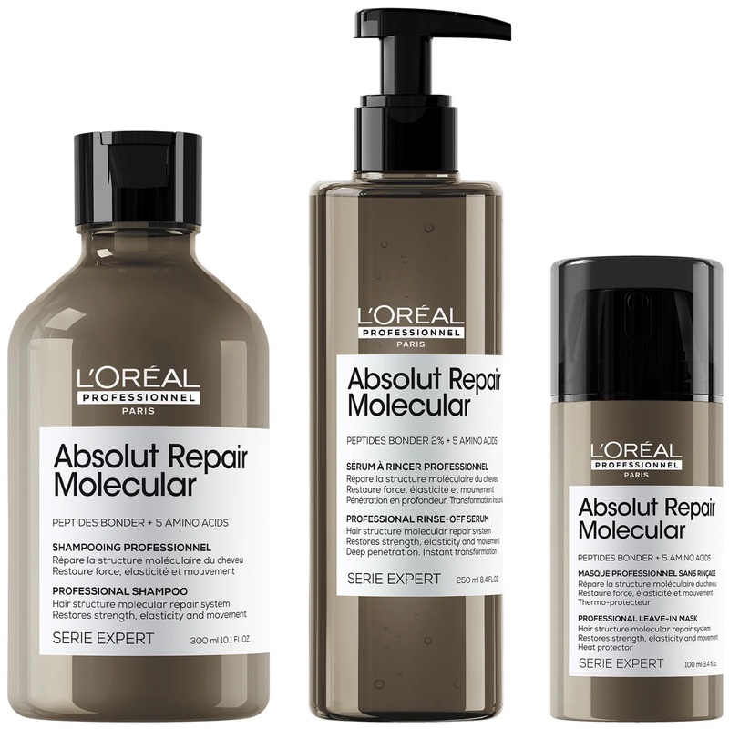 L’Oral Professionnel Absolut Repair Molecular Shampoo 300ml, Rinse Off Serum Conditioner Treatment 250ml & Leave in Mask 100ml