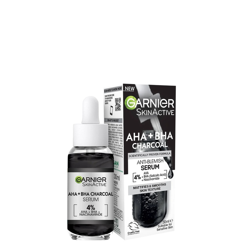 Garnier Skinactive 4% AHA BHA and Niacinamide Charcoal Serum, Resurface and Smooth Skin Texture 30ml