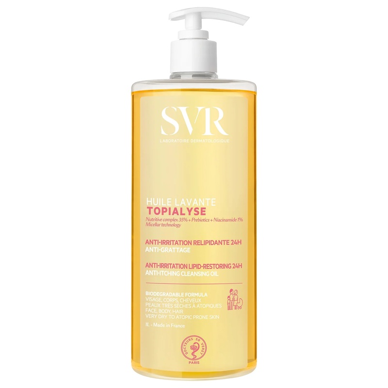 SVR TOPIALYSE 24hr Hydrating Soothing Eczema Face & Body Micellar Shower Oil for Very Dry, Sensitive Skin, All Ages, 1L